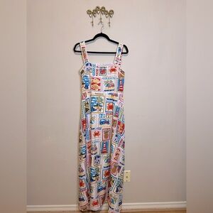 Sleeveless Maxi Dress with Colorful Postcard Print - White Multi